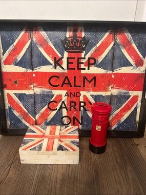 🇬🇧VTG Keep Calm Union Jack Tray red post box piggy bank mother of pearl trinket